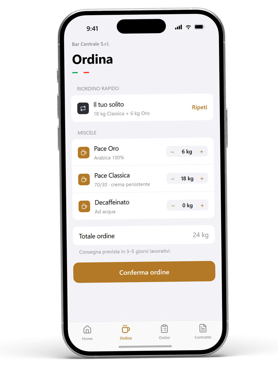 L'app Area Clienti di Caffè Pace su iPhone in stile iOS: schermata «Ordina» con riordino rapido, catalogo miscele e tab bar.